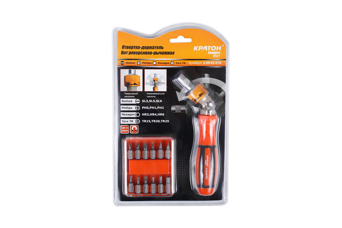 Отвертка-держатель бит реврсивно-рычажная Кратон Complect 12 в 1